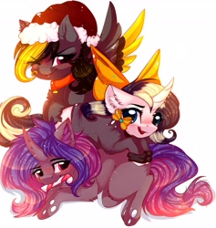 Size: 3891x4096 | Tagged: safe, artist:1fresita, artist:kriss-studios, imported from ponybooru, oc, oc only, oc:deeep dope, changeling, pegasus, pony, unicorn, blushing, bow, candy, candy cane, chest fluff, clothes, collar, ear fluff, ears, female, food, horn, mare, mouth hold, one eye closed, open mouth, simple background, trio, white background, wink