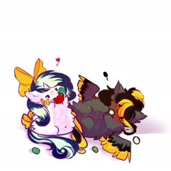 Size: 1920x1920 | Tagged: safe, artist:1fresita, artist:kriss-studios, imported from ponybooru, oc, oc only, oc:deeep dope, pegasus, pony, unicorn, blushing, bow, chibi, duo, eating, female, fluffy, food, heart, horn, mare, mouth hold, simple background, spread wings, tail bow, white background, wings