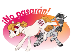 Size: 1280x963 | Tagged: safe, artist:spectralunicorn, edit, editor:edits of hate, imported from ponybooru, earth pony, pony, zebra, antifa, branding, bucking, eyes closed, gang brand, gangster disciples, gradient background, no pasaran, simple background, spanish, spanish falange, spraypainted cutie mark, white background