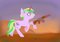 Size: 3508x2480 | Tagged: safe, artist:manta, imported from ponybooru, oc, oc only, oc:iron sonata, pony, unicorn, fallout equestria, ak-47, assault rifle, burn scar, commission, commissioner:sapphie, cutie mark, desert, detailed background, fallout equestria: mercenary tale, female, glowing horn, gun, horn, looking to side, looking to the right, magic, mare, open mouth, pink coat, plant, raised hoof, raised leg, red eyes, rifle, running, scar, shocked, short mane, shrub, solo, teenager, telekinesis, two toned mane, two toned tail, weapon