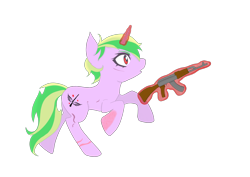 Size: 956x676 | Tagged: safe, alternate version, artist:manta, imported from ponybooru, oc, oc only, oc:iron sonata, pony, unicorn, fallout equestria, ak-47, assault rifle, burn scar, commission, commissioner:sapphie, cutie mark, fallout equestria: mercenary tale, female, glowing horn, gun, horn, looking to side, looking to the right, magic, mare, open mouth, pink coat, raised hoof, raised leg, red eyes, rifle, running, scar, shocked, short mane, simple background, solo, teenager, telekinesis, transparent background, two toned mane, two toned tail, weapon