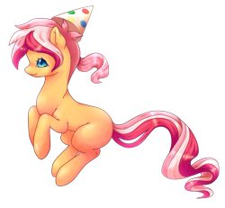 Size: 1702x1576 | Tagged: safe, artist:weißchen, oc, oc:primrose, earth pony, pony, blue eyes, colored pupils, earth pony oc, female, fullbody, hat, jumping, mare, party hat, shading, simple background, smiling, solo, transparent background