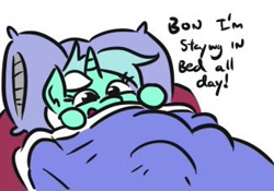Size: 326x228 | Tagged: safe, artist:jargon scott, imported from ponybooru, lyra heartstrings, pony, unicorn, bed, hooves up, implied bon bon, l.u.l.s., looking at you, open mouth, pillow, smiling, solo, text