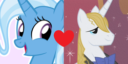 Size: 600x300 | Tagged: safe, edit, edited screencap, imported from derpibooru, screencap, prince blueblood, trixie, bluetrix, female, male, shipping, shipping domino, straight