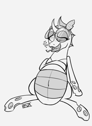 Size: 4000x5500 | Tagged: safe, artist:evan555alpha, imported from ponybooru, oc, oc only, oc:yvette (evan555alpha), changeling, belly, belly button, belly on floor, bellyrubs, big belly, bubble, burp, changeling feeding, changeling oc, changeling overfeeding, derp, dorsal fin, drunk, evan's daily buggo, fangs, female, forked tongue, glasses, glasses askew, glasses off, hidden tail, hoof on belly, leaning back, lidded eyes, long tongue, love, open mouth, ponybooru exclusive, round glasses, rubbing, satisfied, signature, simple background, sitting, sketch, solo, spread legs, spreading, stuffed, tongue out, wall-eyed, white background