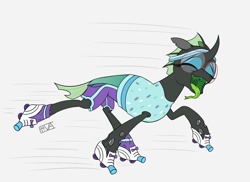 Size: 5500x4000 | Tagged: safe, artist:evan555alpha, imported from ponybooru, oc, oc only, oc:yvette (evan555alpha), changeling, changeling oc, clothes, colored sketch, costume, dorsal fin, evan's daily buggo, eyes closed, eyeshadow, fangs, female, forked tongue, glasses, green tongue, headband, makeup, motion lines, open mouth, ponybooru exclusive, raised hoof, raised leg, roller skates, round glasses, shorts, signature, simple background, socks, solo, technicolor tongue, throat, tongue out, white background