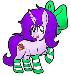 Size: 2325x2500 | Tagged: safe, artist:clarissa arts, imported from derpibooru, oc, oc only, oc:mable syrup, pony, unicorn, blind, clothes, kirby, kirby (series), leaf, purple hair, simple background, socks, solo, striped socks, stylized, transparent background