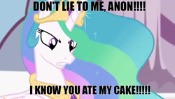 Size: 1280x720 | Tagged: safe, edit, edited screencap, imported from derpibooru, screencap, princess celestia, twilight's kingdom, accusation, angry, cake, cakelestia, caption, episode needed, food, implied anon, implied cake, meme, text, that princess sure does love cake, this will end in a trip to the moon, this will not end well