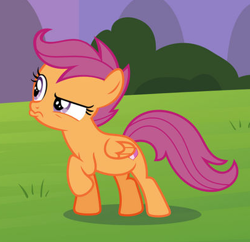 Size: 406x393 | Tagged: safe, artist:phucknuckl, imported from derpibooru, screencap, scootaloo, pegasus, pony, cropped, fake screencap, raised hoof, skeptical, solo, wavy mouth