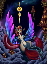 Size: 3400x4600 | Tagged: safe, artist:hyflin, imported from derpibooru, oc, oc only, oc:hausta, pony, city, cloud, cronux gear, ear fluff, falling, female, flying, jewelry, magic, mare, night, solo, towers, wings