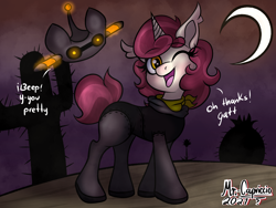 Size: 4000x3000 | Tagged: safe, artist:mrcapriccio, imported from derpibooru, oc, oc only, oc:dolce spiaro, pony, robot, unicorn, catsuit, clothes, desert, dialogue, female, high res, looking at you, mare, night, one eye closed, raised tail, solo, spy, suit, tail, tight clothing, wink