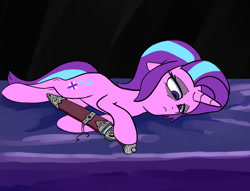 Size: 900x689 | Tagged: safe, artist:slamjam, imported from derpibooru, starlight glimmer, pony, unicorn, cuddling, depressed, female, gladius, lying down, mare, mood, on side, side, solo, sword, weapon