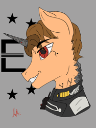 Size: 768x1024 | Tagged: safe, artist:biergarten13, imported from derpibooru, oc, oc only, oc:mauser, cyber pony, cyborg, cyborg pony, pony, unicorn, fallout equestria, antagonist, clothes, digital art, enclave, enclave uniform, fallout, fallout equestria: ghosts of the past, grand pegasus enclave, ibispaint x, oc villain, rank, solo, uniform