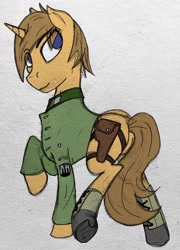 Size: 738x1023 | Tagged: safe, artist:biergarten13, imported from derpibooru, oc, oc only, oc:sparkplug, pony, unicorn, fallout equestria, boots, clothes, digital art, fallout, fallout equestria: ghosts of the past, female, flank, holster, lifted leg, looking at you, mare, missing cutie mark, patch, shoes, solo, traditional art, uniform