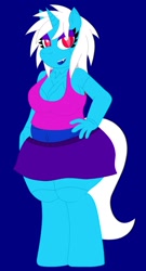 Size: 690x1280 | Tagged: safe, artist:avengedritsuko, imported from derpibooru, oc, oc only, oc:mimeo melody, anthro, cyborg, hybrid, monster pony, unguligrade anthro, anthro oc, belly button, big breasts, blue background, breasts, clone, clothes, hand on hip, looking at you, midriff, mutation, red eyes, simple background, skirt, smiling, solo, tanktop, thick, white hair, white tail, wide hips