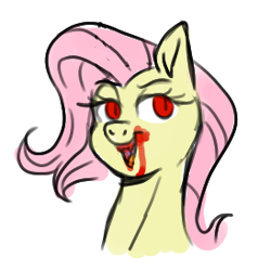 Size: 274x274 | Tagged: safe, artist:vodkamewtwoni, imported from derpibooru, fluttershy, pegasus, pony, vampire, vampony, blood, bloody mouth, bust, fangs, female, mare, open mouth, red eyes, simple background, sketch, smiling, solo, three quarter view, vampire fluttershy, vampireshy, white background