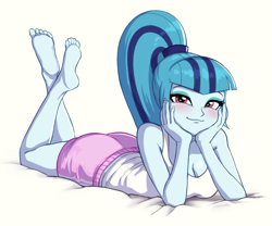 Size: 846x705 | Tagged: safe, artist:nairdags, imported from derpibooru, sonata dusk, equestria girls, adorasexy, barefoot, bedroom eyes, blushing, breasts, busty sonata dusk, cleavage, clothes, crossed legs, cute, feet, lidded eyes, looking at you, lying down, ponytail, prone, sexy, shorts, simple background, sleeveless, smiling, soles, solo, sonatabetes, tanktop, the pose