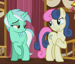 Size: 1019x874 | Tagged: safe, imported from derpibooru, screencap, bon bon, lyra heartstrings, sweetie drops, earth pony, pony, unicorn, season 5, slice of life (episode), cropped, duo, female, lesbian, lidded eyes, looking at each other, lyrabon, raised hoof, shipping, smiling