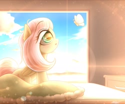 Size: 2048x1692 | Tagged: safe, artist:phoenixrk49, imported from derpibooru, fluttershy, butterfly, pegasus, pony, blanket, cloud, crepuscular rays, cute, eye clipping through hair, female, folded wings, indoors, lens flare, looking at each other, looking at someone, looking up, open mouth, profile, shyabetes, sitting, solo, sun, wings