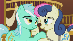 Size: 1667x939 | Tagged: safe, imported from derpibooru, screencap, bon bon, lyra heartstrings, sweetie drops, earth pony, pony, unicorn, season 5, slice of life (episode), cropped, duo, female, lesbian, lidded eyes, looking at each other, lyrabon, mare, shipping, smiling