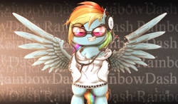 Size: 2000x1166 | Tagged: safe, artist:phoenixrk49, imported from derpibooru, rainbow dash, pegasus, pony, bipedal, clothes, damaged wings, glasses, grin, headphones, hoodie, smiling, solo