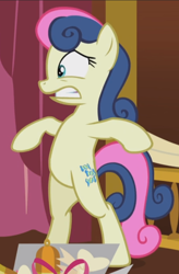 Size: 582x889 | Tagged: safe, imported from derpibooru, screencap, bon bon, sweetie drops, earth pony, pony, slice of life (episode), bipedal, cropped, gritted teeth, scared, solo