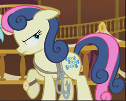 Size: 1054x842 | Tagged: safe, imported from derpibooru, screencap, bon bon, sweetie drops, earth pony, pony, season 5, slice of life (episode), cropped, determined, floppy ears, grappling hook, raised hoof, solo, watch