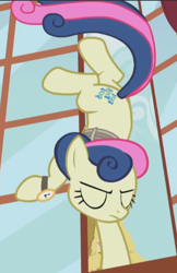 Size: 498x768 | Tagged: safe, imported from derpibooru, screencap, bon bon, sweetie drops, earth pony, pony, season 5, slice of life (episode), cropped, eyes closed, handstand, solo, upside down, watch