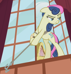 Size: 862x898 | Tagged: safe, imported from derpibooru, screencap, bon bon, sweetie drops, earth pony, pony, season 5, slice of life (episode), bipedal, cropped, determined, floppy ears, grappling hook, narrowed eyes, raised eyebrow, solo, watch, window