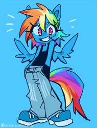 Size: 685x900 | Tagged: safe, artist:next-lvl, imported from derpibooru, rainbow dash, anthro, pegasus, blue background, clothes, cool, female, grin, hand in pocket, hands in pockets, looking at you, no pupils, pants, shoes, simple background, smiling, solo, tanktop