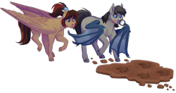 Size: 3500x1850 | Tagged: safe, artist:uunicornicc, imported from derpibooru, oc, oc only, bat pony, pegasus, pony, bat pony oc, bat wings, duo, magnifying glass, mud, paw prints, simple background, transparent background, wings