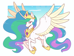 Size: 2048x1558 | Tagged: safe, artist:baitydraws, imported from derpibooru, princess celestia, alicorn, pony, colored wings, colored wingtips, female, flying, looking at you, mare, sky, solo, spread wings, wings