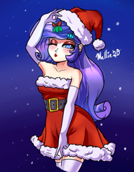 Size: 625x800 | Tagged: safe, artist:melliedraws, imported from derpibooru, rarity, human, bare shoulders, beautisexy, beauty mark, breasts, christmas, clothes, costume, dress, evening gloves, eyeshadow, female, gloves, hat, holiday, holly, holly mistaken for mistletoe, humanized, kissy face, leggings, lipstick, long gloves, looking at you, makeup, one eye closed, santa costume, santa hat, signature, skirt, sleeveless, socks, solo, strapless, thigh highs, wink, winking at you