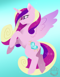 Size: 2550x3300 | Tagged: safe, artist:happyfoxxart, imported from derpibooru, princess cadance, alicorn, pony, blue background, female, mare, rearing, signature, simple background, smiling, solo, spread wings, wings