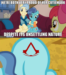 Size: 1280x1444 | Tagged: safe, edit, edited screencap, imported from derpibooru, screencap, apple bloom, mr. paleo, mrs. paleo, petunia paleo, earth pony, pony, the fault in our cutie marks, assassin's creed, discovery family logo, exploitable meme, meme, petunia paleo's unsettling cutie mark, resurrected meme, undead meme