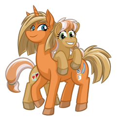 Size: 1176x1200 | Tagged: safe, artist:texasuberalles, imported from derpibooru, oc, oc only, oc:memory match, oc:wine barrel, earth pony, pony, unicorn, derpibooru community collaboration, 2021 community collab, duo, female, hug, mare, mother and child, mother and daughter, simple background, size difference, transparent background
