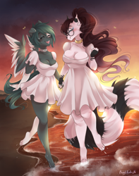 Size: 2368x3000 | Tagged: safe, artist:bunnywhiskerz, imported from derpibooru, oc, oc only, oc:lacy, anthro, cat, pegasus, beach, breasts, clothes, commission, date, digital art, dress, duo, duo female, eyes closed, female, furry, furry oc, happy, lesbian, ocean, open mouth, simple background, sky, spread wings, sunset, tail, wings