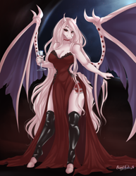 Size: 1306x1690 | Tagged: safe, artist:bunnywhiskerz, imported from derpibooru, oc, oc only, oc:crimson, anthro, bat pony, unguligrade anthro, bat pony oc, bat wings, breasts, clothes, commission, cutie mark, digital art, dress, female, jewelry, looking at you, necklace, simple background, smiling, smiling at you, socks, solo, solo female, spread wings, stockings, tail, thigh highs, thighs, wide hips, wings