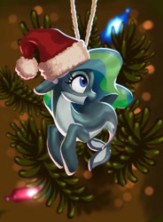 Size: 1134x1540 | Tagged: safe, artist:nadnerbd, imported from derpibooru, oc, oc only, oc:marina (efnw), sea pony, seapony (g4), christmas, everfree northwest, female, fish tail, hat, hearth's warming eve, holiday, mare, pine tree, plant, santa hat, solo, tail, tree