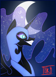 Size: 1164x1608 | Tagged: safe, artist:totaltiki, imported from derpibooru, nightmare moon, alicorn, pony, bust, crescent moon, ethereal mane, evil grin, female, grin, mare, moon, night, portrait, profile, signature, smiling, solo, starry mane