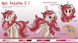 Size: 4500x2500 | Tagged: safe, artist:liquorice_sweet, imported from derpibooru, oc, oc:red palette, unicorn, artist, clothes, cute, cutie mark, horn, magic, pink, red, reference sheet, scarf, unicorn oc