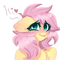 Size: 768x768 | Tagged: safe, artist:moodi, imported from derpibooru, fluttershy, pegasus, pony, alternate hairstyle, blushing, bust, chest fluff, cute, dialogue, ear blush, ear fluff, eye clipping through hair, female, floppy ears, looking at you, moodi is trying to murder us, open mouth, short hair, shyabetes, simple background, smiling, solo, white background