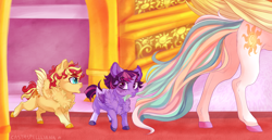 Size: 2900x1500 | Tagged: safe, artist:castaspellliana, imported from derpibooru, princess celestia, sunset shimmer, twilight sparkle, alicorn, pony, alicornified, alternate universe, baby, baby pony, baby sunset shimmer, baby twilight sparkle, biting, butt, chest fluff, cute, female, filly, filly sunset shimmer, filly trixie, fluffy, foal, mare, momlestia, offscreen character, plot, race swap, shimmerbetes, shimmercorn, story included, sunbutt, tail bite, translated in the comments, twiabetes, twilight sparkle (alicorn), younger