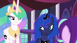 Size: 1920x1080 | Tagged: safe, imported from derpibooru, screencap, princess celestia, princess luna, starlight glimmer, alicorn, pony, unicorn, a royal problem, crown, female, jewelry, mare, regalia