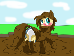 Size: 1400x1050 | Tagged: safe, artist:amateur-draw, imported from derpibooru, fluttershy, pegasus, pony, 90s grunge fluttershy, baseball cap, blushing, cap, clothes, cothes, covered in mud, exposing, female, hat, looking back, mare, mud, muddy, request, requested art, shirt, simple background, skirt, solo, underwear, wet and messy, white underwear