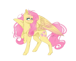 Size: 1280x1024 | Tagged: safe, artist:copshop, imported from derpibooru, part of a set, fluttershy, pegasus, pony, female, head turn, head turned, looking sideways, mare, raised hoof, simple background, smiling, solo, spread wings, standing, transparent background, turned head, two toned wings, wings