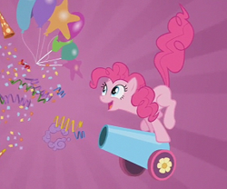 Size: 286x238 | Tagged: safe, edit, edited screencap, imported from derpibooru, screencap, pinkie pie, earth pony, pony, a canterlot wedding, balloon, confetti, juxtaposition bait, party cannon