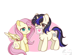 Size: 1300x1000 | Tagged: safe, artist:莱娜, imported from derpibooru, fluttershy, oc, oc:forestar, pegasus, pony, unicorn, canon x oc, chest fluff, cute, duo, female, flutterstar, fluttstar, love, male, shipping, straight