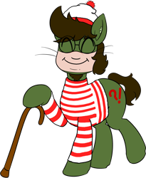 Size: 1860x2271 | Tagged: safe, artist:yakoshi, imported from derpibooru, oc, oc only, oc:green ganache, earth pony, pony, derpibooru community collaboration, 2021 community collab, cane, clothes, eyes closed, face mask, glasses, hat, looking at you, male, mask, shirt, simple background, solo, stallion, transparent background, waldo, where's waldo