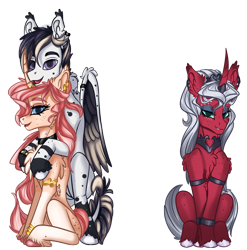 Size: 1572x1594 | Tagged: safe, artist:sugarypolecat, imported from derpibooru, oc, oc only, oc:scarlett serene silvermoon, oc:sketch blackwing, oc:sugar polecat, pegasus, pony, unicorn, derpibooru community collaboration, 2021 community collab, black feathers, chest fluff, couple, ear fluff, ear piercing, earring, female, hoof fluff, horn, horn ring, jewelry, looking at you, male, mare, piercing, red body, ring, simple background, smiling, stallion, transparent background, white body